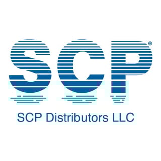 SCP Distributors LLC logo with blue horizontal striped letters S, C and P